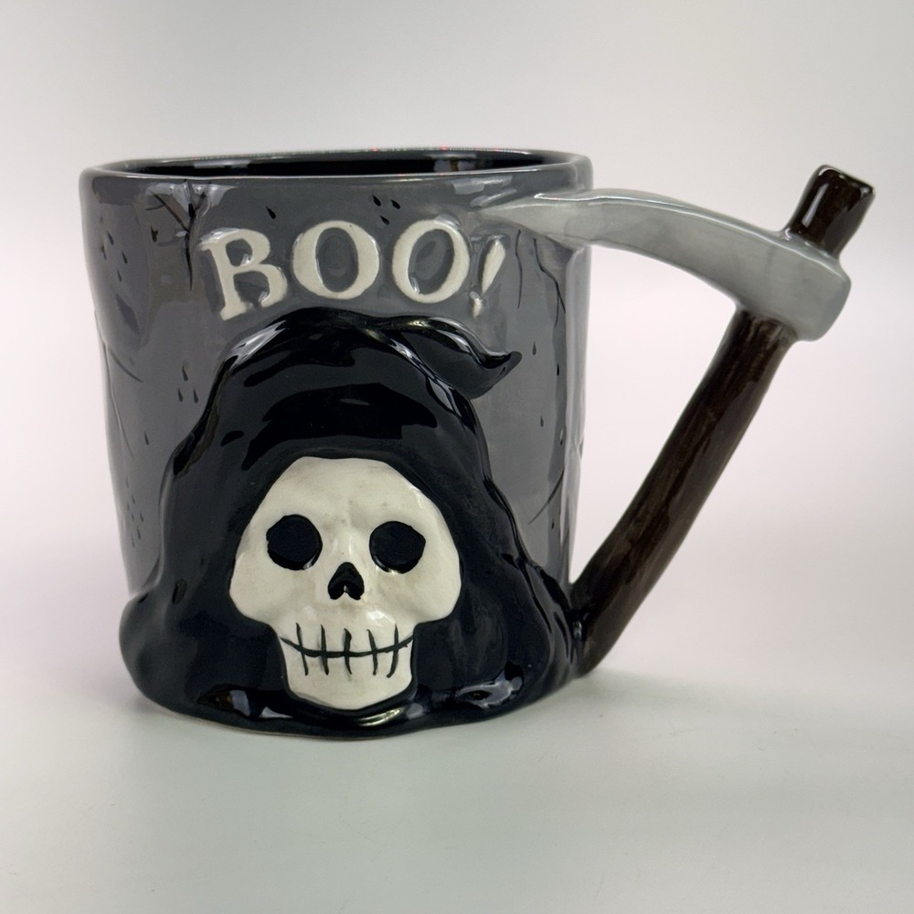 Blue Sky Halloween Coffee Tea Ceramic Mug Grim Reaper BOO! Gray Black White